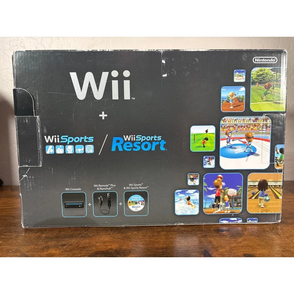 Nintendo Wii RVL-101 Black Console Bundle with Wii Sports & Resort Boxed
